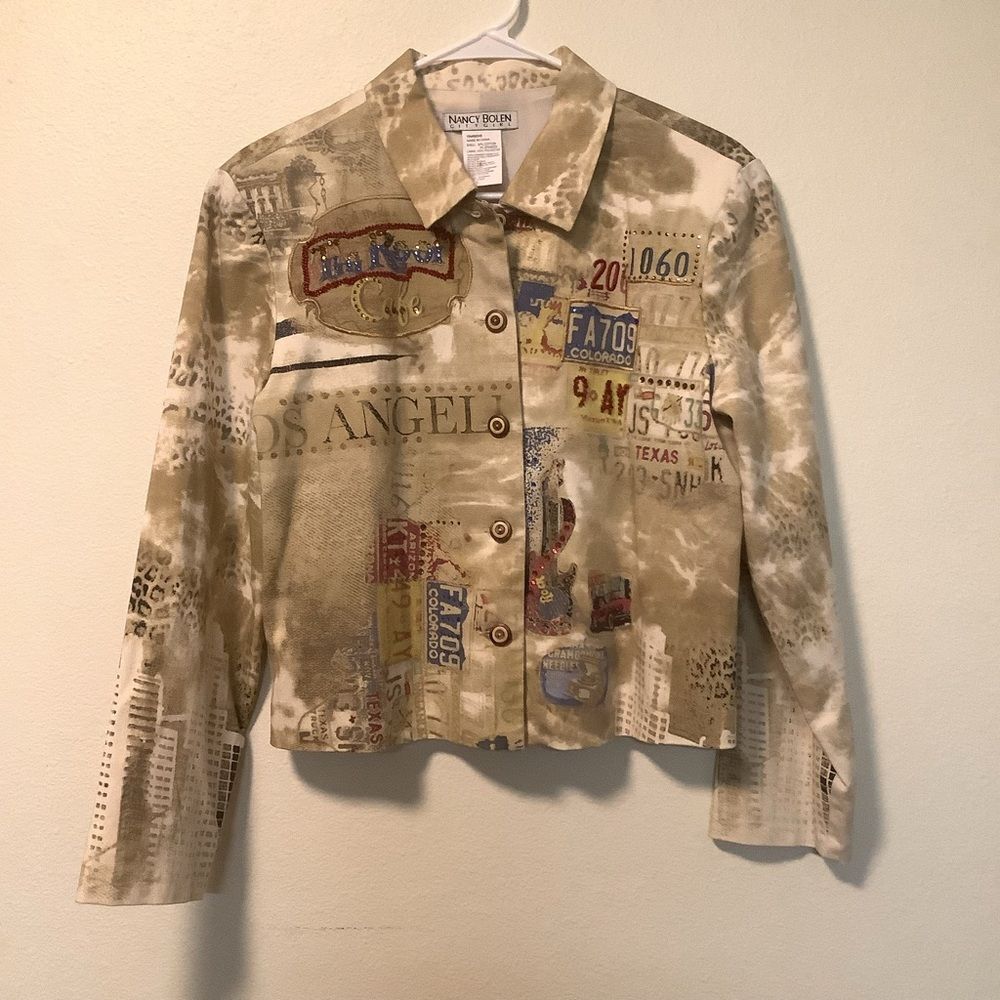 This Nancy bolen size small cropped boxy travel theme‎ novelty jacket